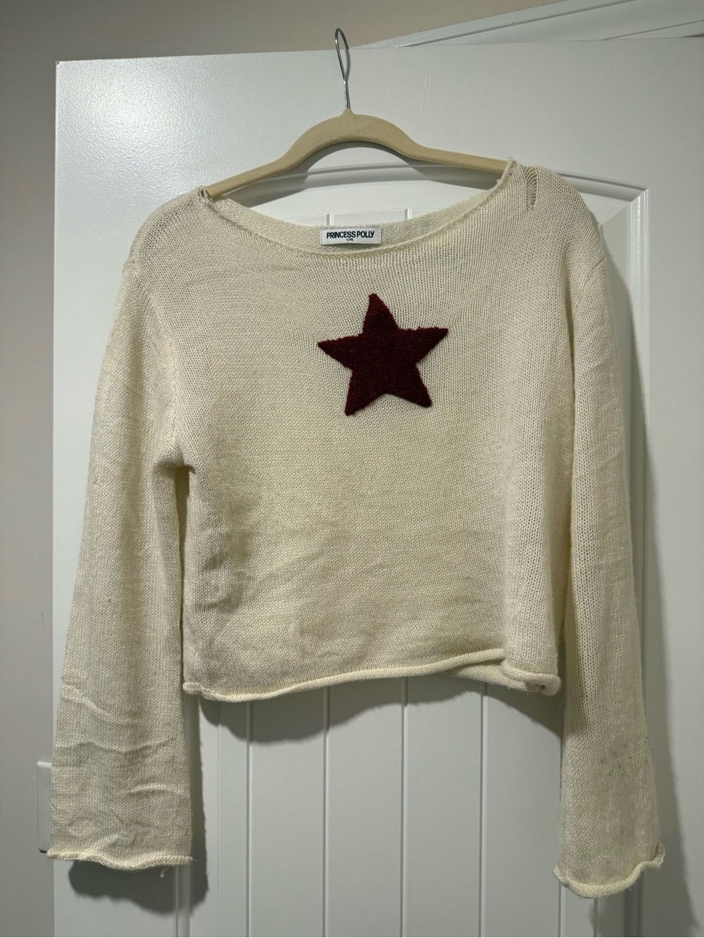 Princess Polly Cream Knit Sweater with Burgundy Star Appliqué